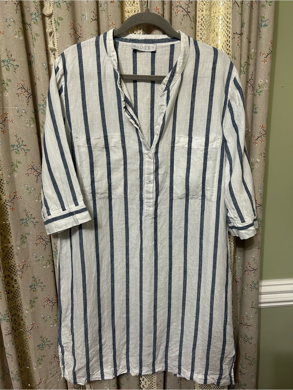 Ridley 100% Linen Striped Tunic Dress Cover Up White Blue Stripe Size L/XL